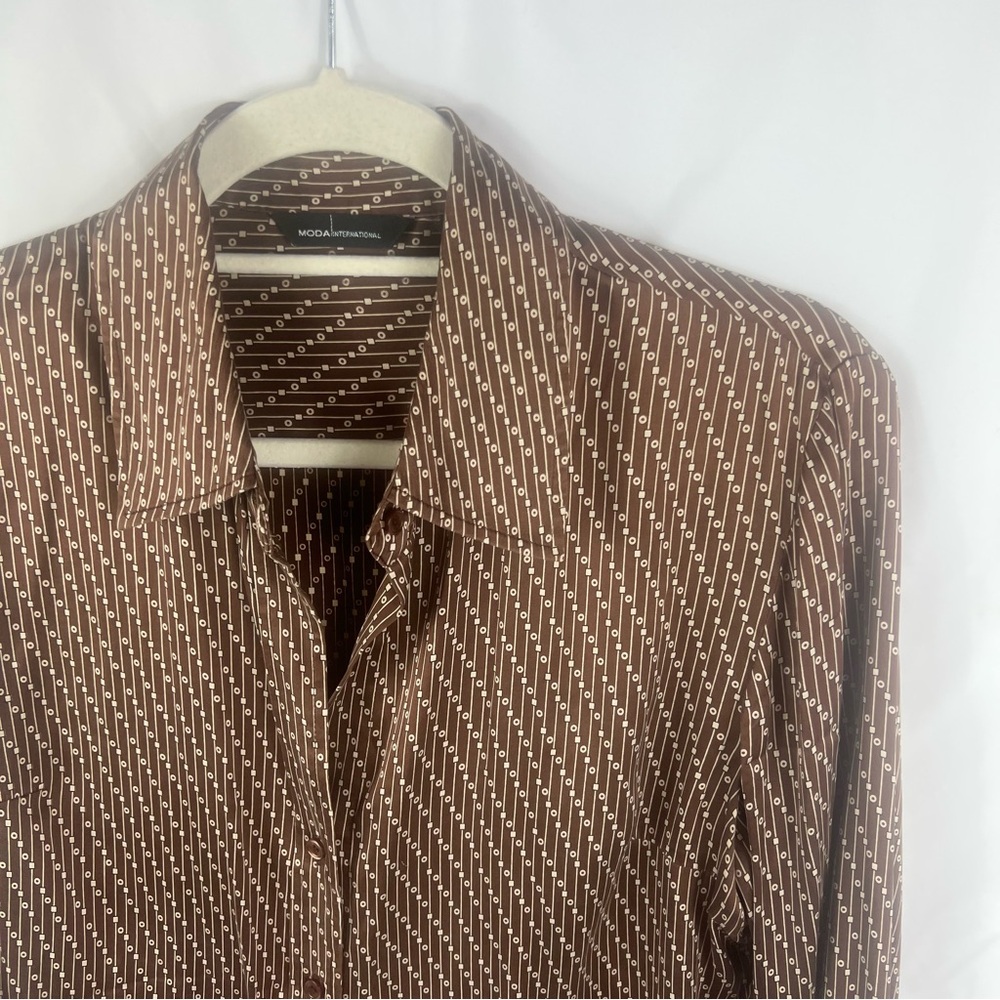 Moda International Brown Patterned Silk Button Do… - image 8